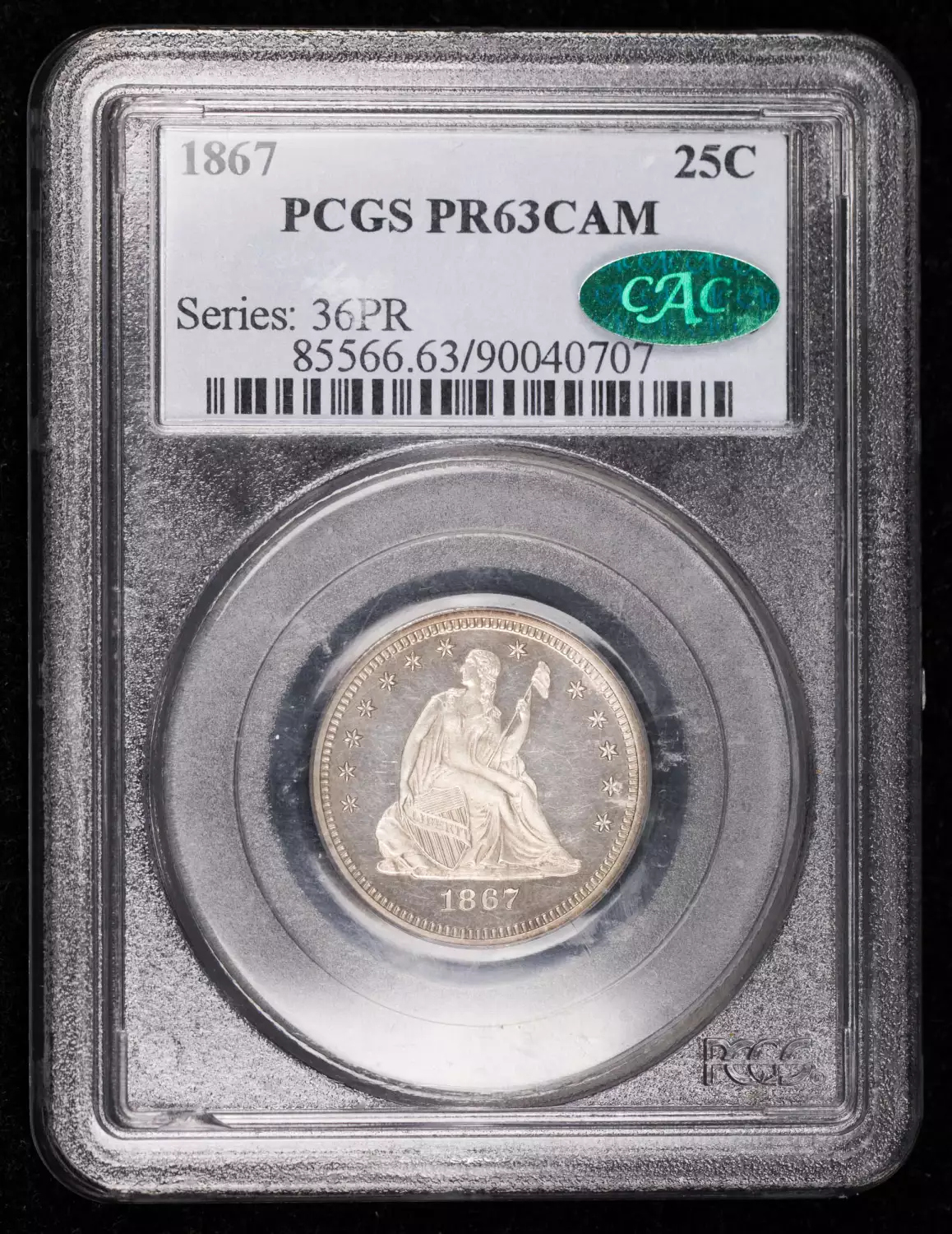 1867 P Seated Liberty Quarter PCGS PR-63 CAM CAC CAC