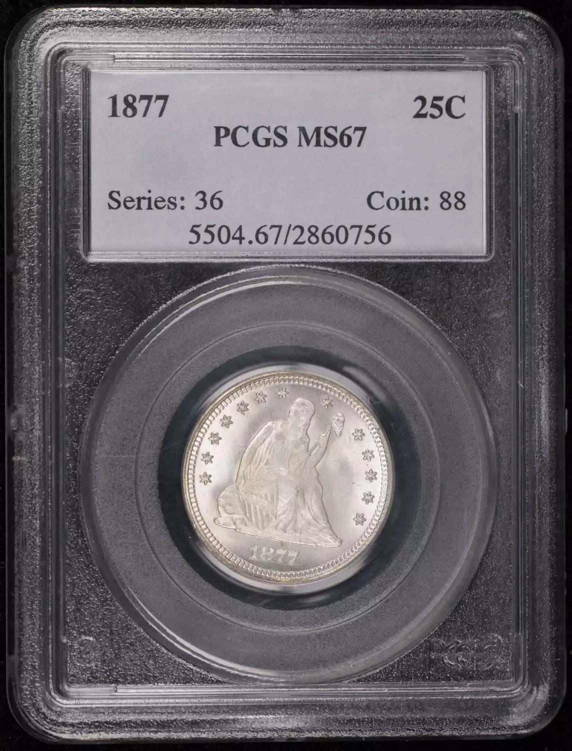 1877 P Seated Liberty Quarter PCGS MS-67