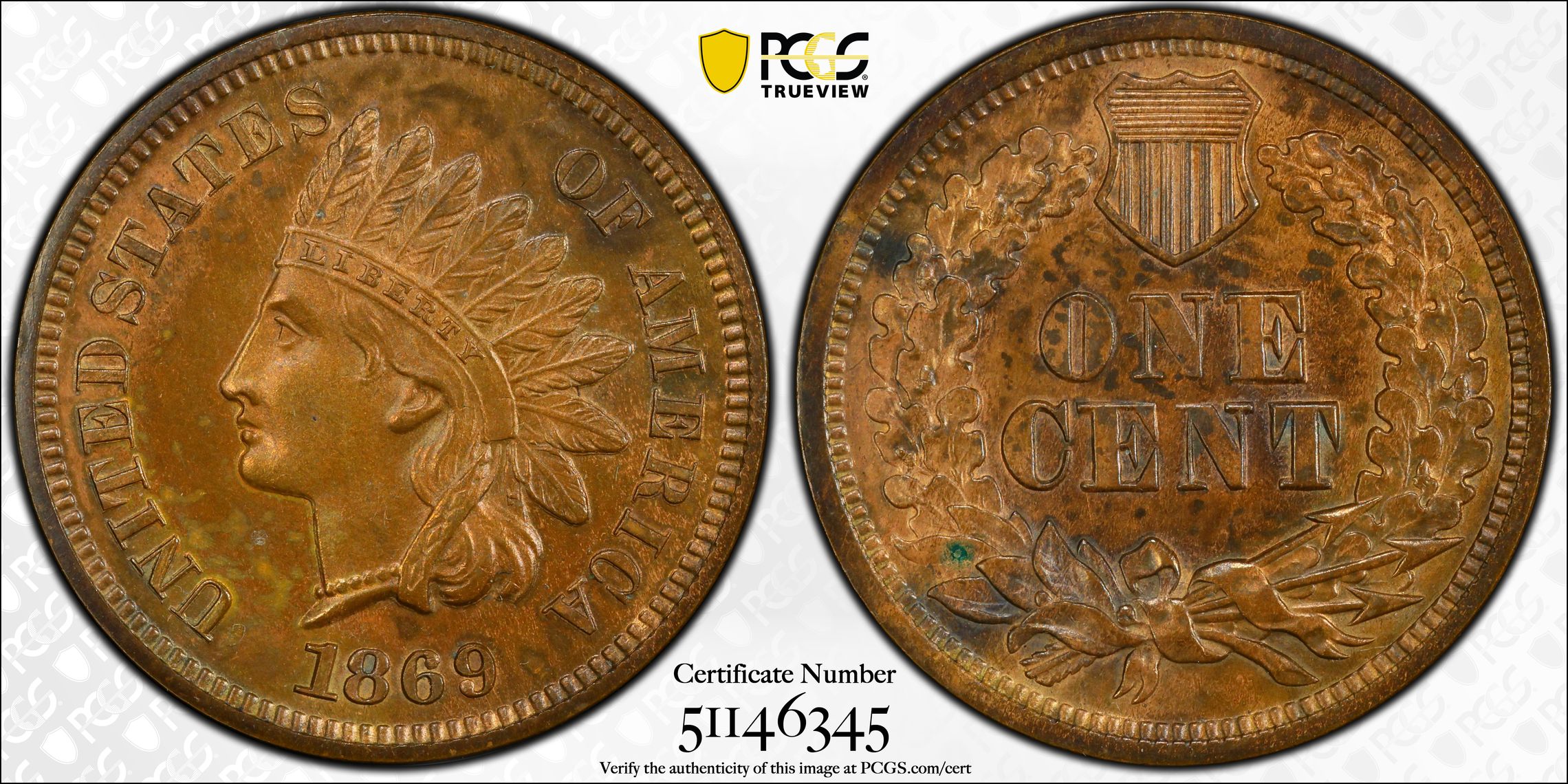 1869 P Small Cents Indian Head PCGS PR-64 BN Proof