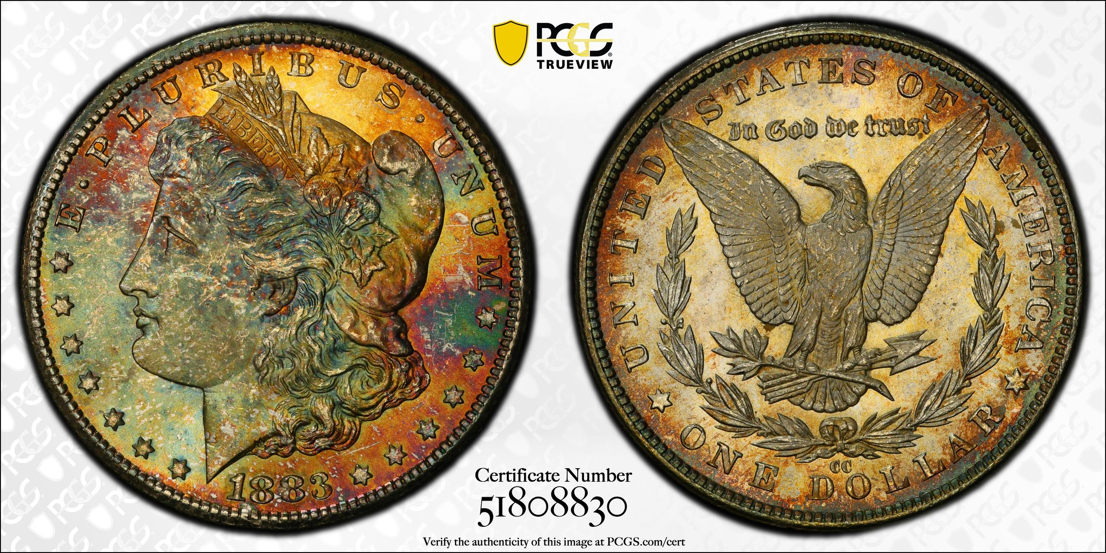 1883 CC Morgan Silver Dollar PCGS MS-66 CAC Rainbow Toning