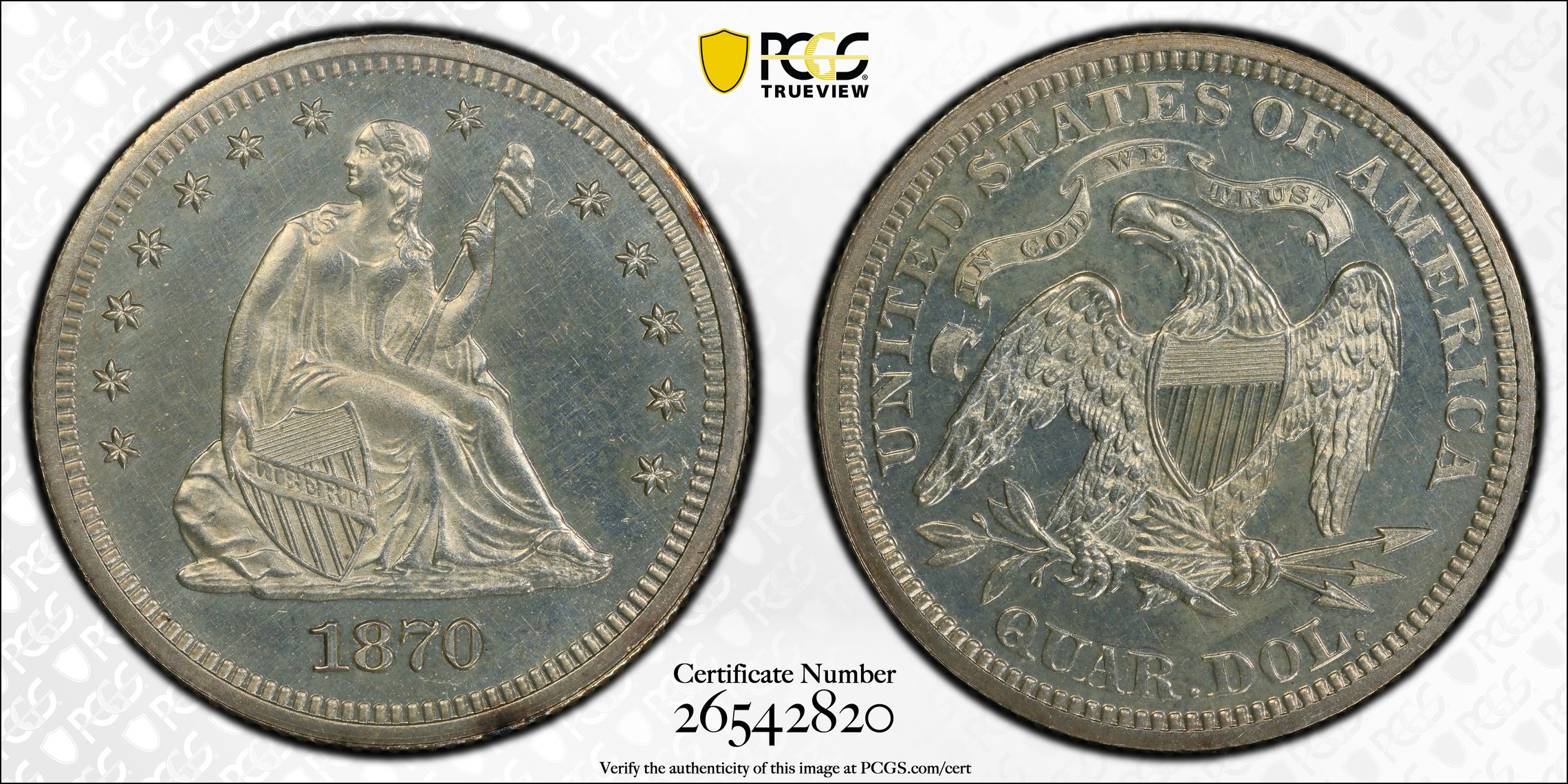 1870 P Seated Liberty Quarter PCGS PR-63 Proof