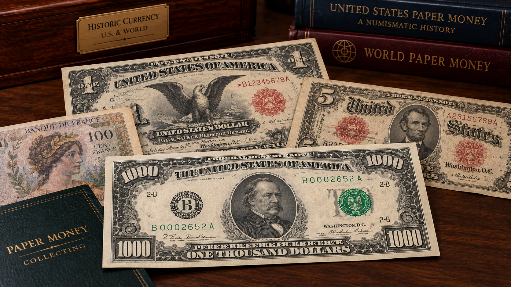 Collectible U.S. and world paper currency including historic large-denomination and vintage banknotes