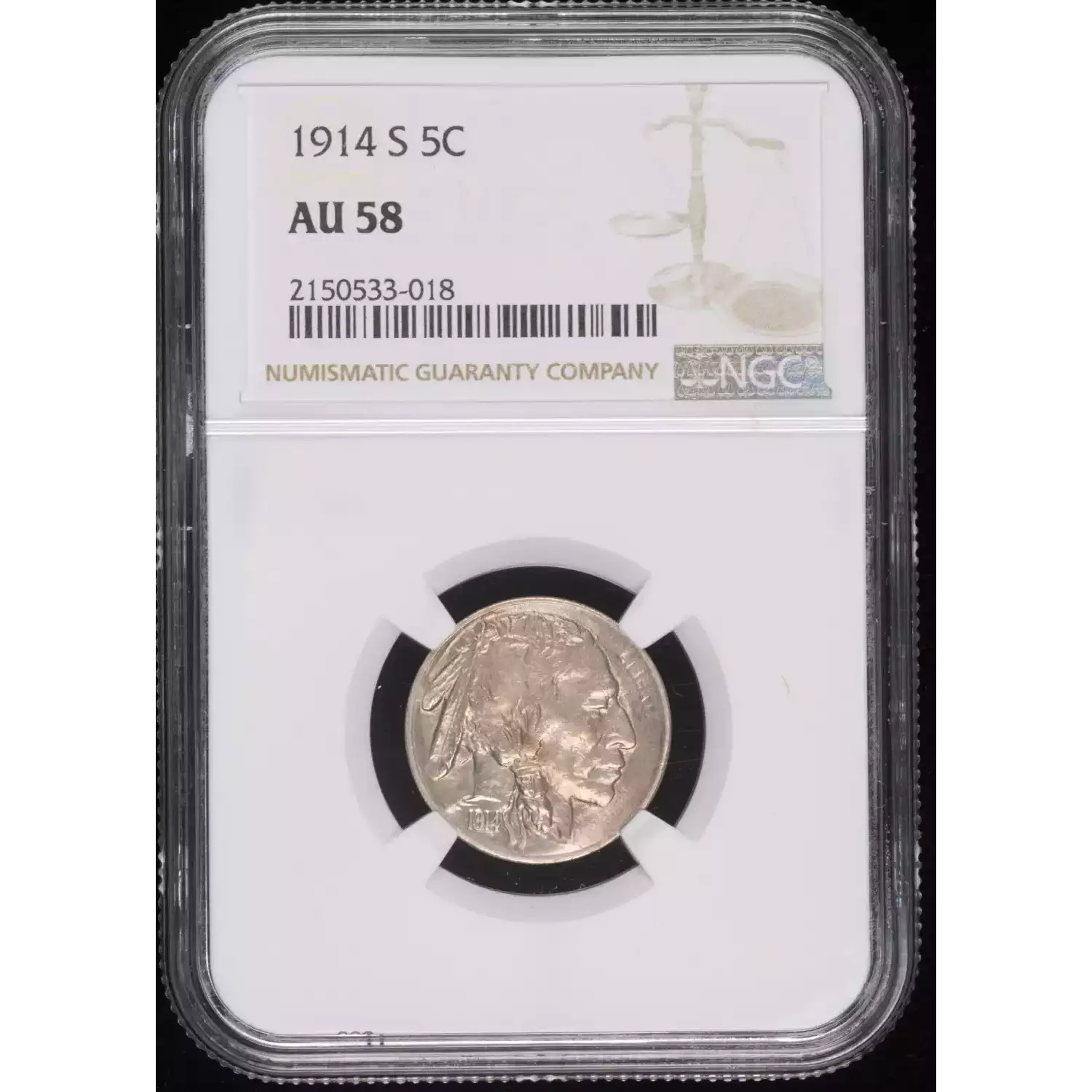 1914-S NGC AU-58 Nickel Indian Head or Buffalo - Hertel's Coins Inc.